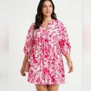 H&M floral tie-back mini dress pink floral loose fit and trumpet sleeves sz XXL